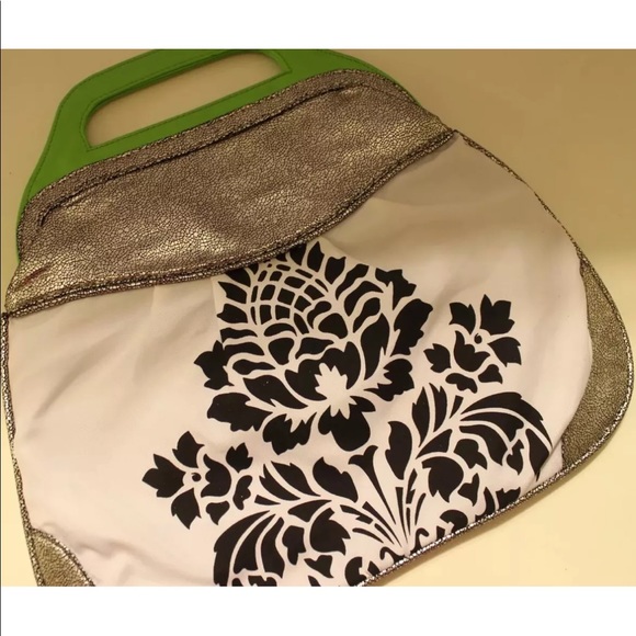 2/$20 Triangular Black White Floral Print Lime Green Patent Leather Bag Purse - Picture 4 of 11